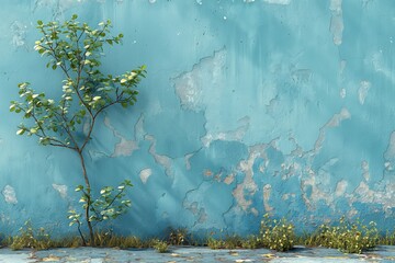 Blue wall with peeling paint and lone green bush