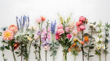 An elegant flatlay arrangement of decorative floral bouquets, symbolizing the blooming flowers associated with the springtime festival of Shavuot.