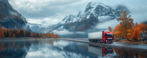 Truck driving by a reflective lake and autumn trees