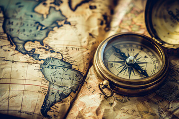 A compass is on top of a map of the world. The compass is pointing to the right