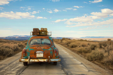 Fototapeta premium A vintage car with luggage on top of it is driving down a road. The scene is set in a desert, with a clear blue sky above