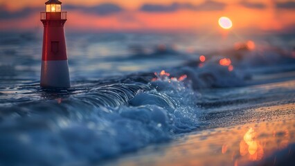 Love's Guiding Light: Lighthouse Heart-shaped Beam Illuminating Tranquil Ocean Waves. Concept Lighthouse, Heart-shaped Beam, Ocean Waves, Love, Tranquil - obrazy, fototapety, plakaty