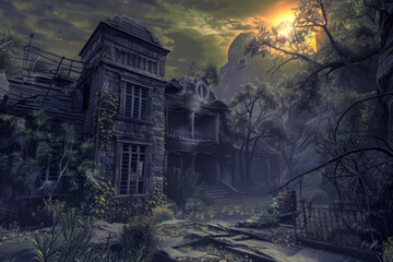 A creepy old house with a large tree in front of it. The house is surrounded by a forest and the sky is dark