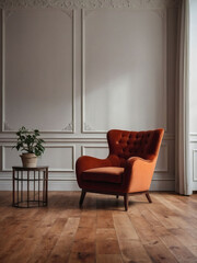 Burgundy Armchair with Orange Plant in Airy Room with Ivory Wall and Mahogany Parquet Flooring