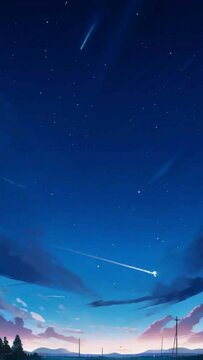 Meteor streaks across the vast sky at night. Japanese anime-style 4k music background animation video
