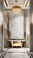 Luxurious Golden Bathroom with Marble Finishes and Crystal Chandeliers