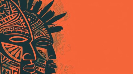 Contemporary illustration of African tribal mask - Modern, artistic take on a traditional African tribal mask against a bright orange backdrop - obrazy, fototapety, plakaty