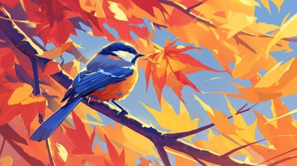 Fototapete An autumn scene featuring a tit bird set against a backdrop of golden maple leaves depicted in a vivid and colorful 2d illustration reminiscent of a postcard © AkuAku
