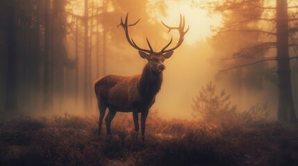 A majestic stag standing amidst a misty forest clearing, its imposing antlers silhouetted against the ethereal glow of dawn as it surveys its domain with quiet strength and dignity.