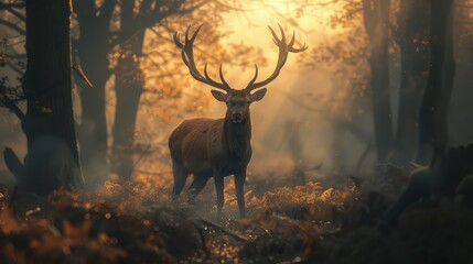 A majestic stag standing amidst a misty forest clearing, its imposing antlers silhouetted against the ethereal glow of dawn as it surveys its domain with quiet strength and dignity.