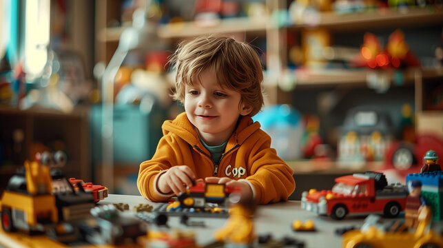 Young Boy Building with Toy Bricks in a Brightly Colored Playroom