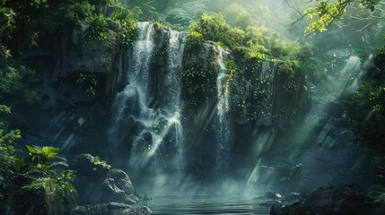 A majestic waterfall cascading down rugged cliffs into a deep pool below, surrounded by lush...