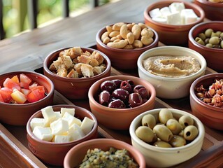 Snacks served in ramekins on the table create a delightful spread perfect for sharing or enjoying as appetizers. Whether filled with nuts, olives, cheese cubes, or dips like hummus or salsa, 