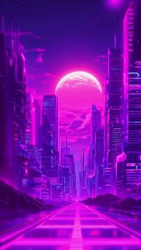 Nostalgic radio city at sunset. Seamless looping animation, 2D flat anime-style 4k Lofi animation video