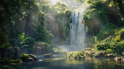 A majestic waterfall cascading down rugged cliffs into a deep pool below, surrounded by lush...