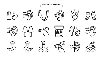 Earplugs icons set line vector. Editable stroke. Anti-noise device. Earplugs protection. Vector Simple Illustration.