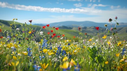 An idyllic spring landscape banner showcasing a meadow filled with colorful wildflowers, a clear blue sky, and rolling hills in the background