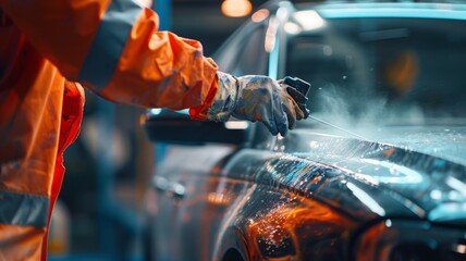 Professional Car Wash at Night - An individual in a high-visibility jacket pressure washing a car under bright lights.