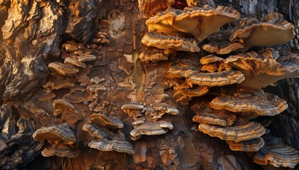 An exquisite portrayal of a tree trunk adorned with a tapestry of fungi, captured in the golden light of dawn.
