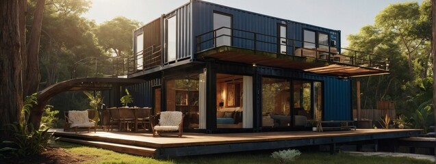 Chic shipping container residence nestled in sunlight, showcasing the beauty of sustainable, eco-friendly living spaces or vacation escapes.