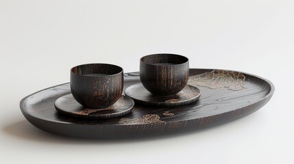 Tea tray with ebony material on white background. Simple and luxurious tea tray design in special ebony material.