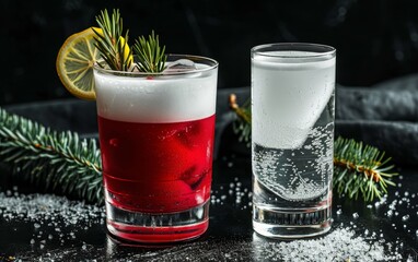 Red and white cocktails on a black background. Generative AI