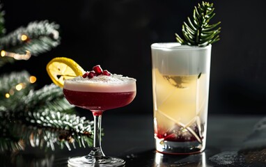 Red and white cocktails on a black background. Generative AI