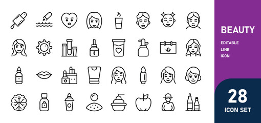 Beauty Line Editable Icons set. Vector illustration in thin line modern style of body care related icons cosmetic procedures for face and body, diet, cosmetics, and more