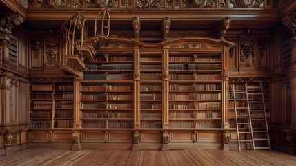 An old library room with tall, empty oak bookshelves reaching up to a high ceiling with classic moldings. The shelves are detailed with carved woodwork and 