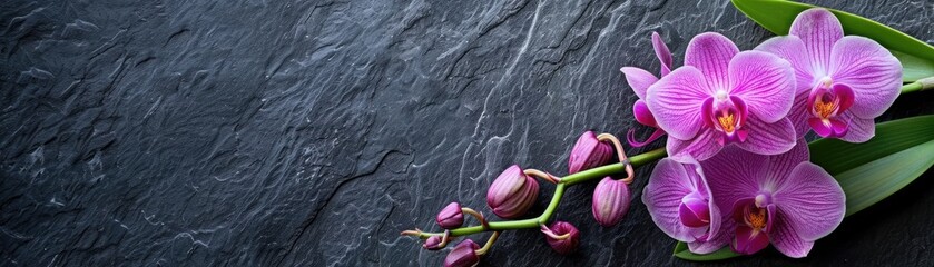 Purple orchid buds on green stems against dark slate