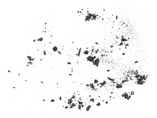 Black coal dust with fragments isolated on white background, top view. Black charcoal particles.