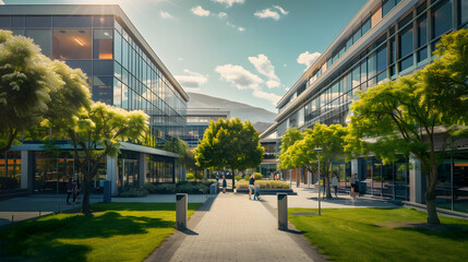 Modern university buildings. Futuristic school. Modern academy. College campus. Glass buildings. Eco-friendly university with green park. Business center