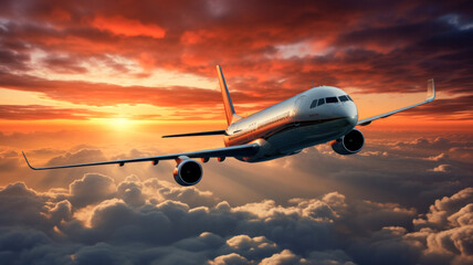 Commercial large passenger jet airplane flying through the clouds in the sky at sunset. Travel background and wide aerial poster. Generative AI