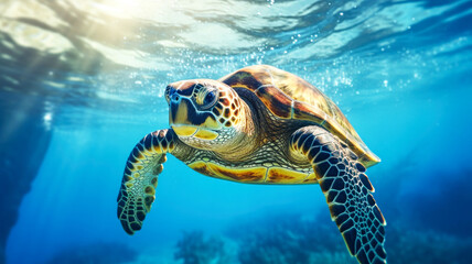 Green sea turtle swimming gracefully through crystal clear ocean waters. Under water close up view...