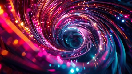 An artistic rendering of colored electric cables and optical fibers, spiraling outwards with LED lights