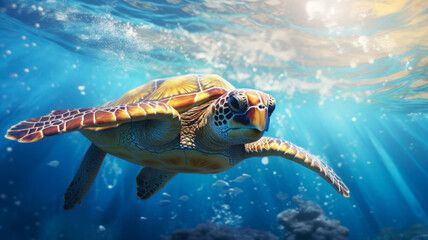 Green sea turtle swimming gracefully through crystal clear ocean waters. Under water close up view of sea turtle in nature tropical ocean. Caribbean, Cayman Islands and Hawaii. Generative AI - Powered by Adobe