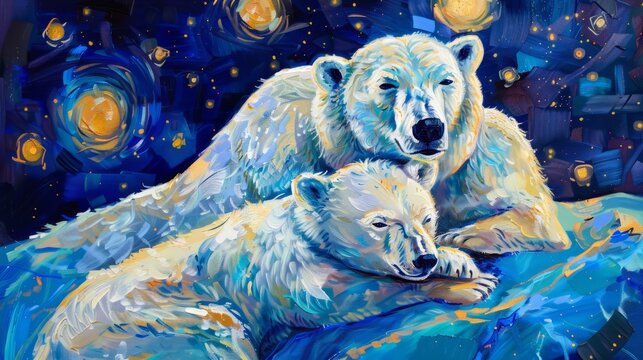 2 abstract cute handpainted polar bears with a starry night background, nursery art print.