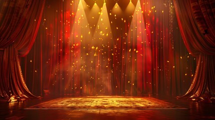 Stage set with golden hues and loop lighting, framed by red curtains