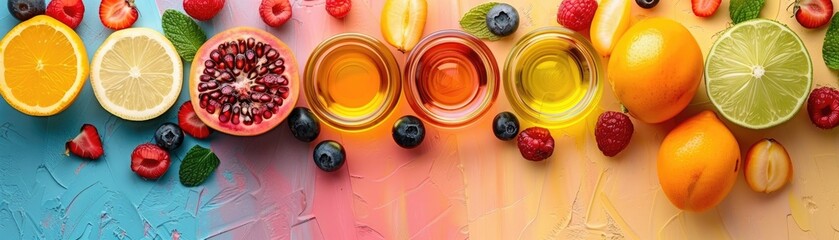 Vibrant beauty oils with fruits on a dual-tone background