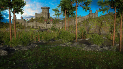 Old medieval castle in a highland landscape surrounded by forest. 3D render.