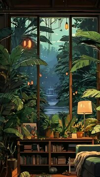Cozy living room rainy atmospheric forest lo-fi, zoom background screen, anime chill hip hop aesthetic environment, anime, hand-drawn, Japanese 2D anime style animation