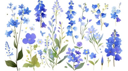 Fototapeta na wymiar A charming assortment of hand drawn bluebell flowers and leaves come together to form a delightful wild bluebell bouquet This blooming bellflower also known as harebell embodies the essence 