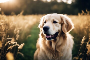'active spring field dog retriever golden happy walking grass nature summer pet cute running animal meadow walk puppy young green park fun funny canino outside mammal friends breed playful outdoors' - obrazy, fototapety, plakaty
