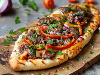 savory boat-shaped flatbread topped with a flavorful mixture of seasoned beef and assorted vegetables like onions, peppers, and tomatoes. Let's enjoy this delicious and hearty meal,  - obrazy, fototapety, plakaty