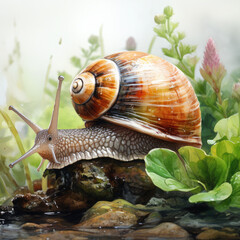 Watercolor Snail, clipart Illustration, Generative Ai