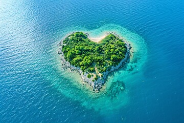 An aerial view of a heart-shaped island blanketed with lush greenery amidst the turquoise embrace of the sea
