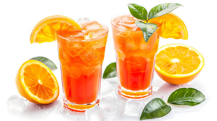 two identical glasses filled with a red-orange colored beverage. Each glass is garnished with a green leaf resting on the surface of the drink.