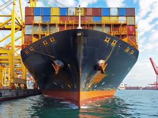 Front view of a commercial cargo ship filled with containers shipped all over the world concept