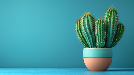 Cactus in a pot standing on a table top, front view setting with a space for a text