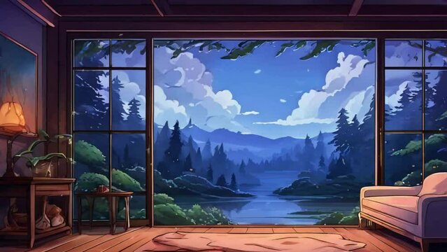 Cozy living room rainy atmospheric forest lo-fi, zoom background screen, anime chill hip hop aesthetic environment, anime, hand-drawn, Japanese 2D anime style animation